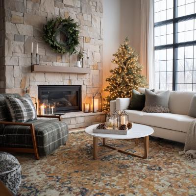 Kényelmes nappali vintage szőnyeggel meleg földszínekben